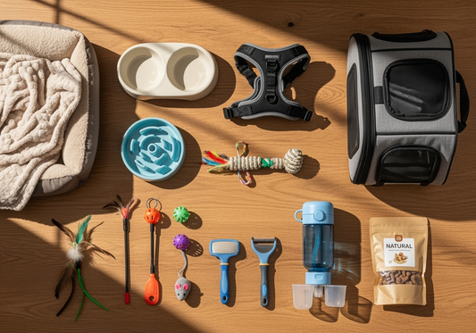 Essential pet supplies including pet bed, food and water bowls, harness, carrier, toys, grooming tools, water bottle, and natural treats laid out on wooden floor