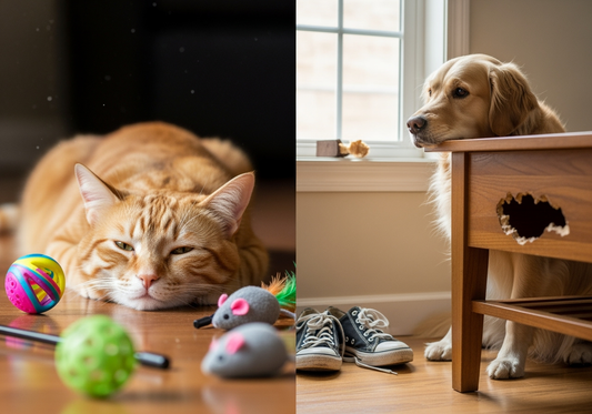 Ginger cat lying near toys and golden retriever sitting by a table with chewed furniture showing signs of boredom in pets