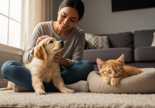 Woman bonding with her new puppy and a sleeping kitten during the first weeks with her new pets at home