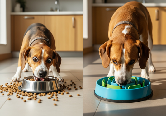Dog eating from a regular bowl with scattered kibble and the same dog eating slowly from a blue slow feeder bowl in a kitchen setting.