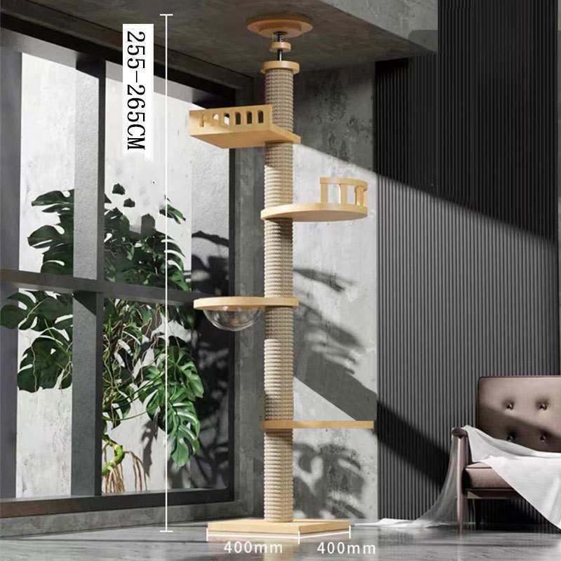 Modern solid wood column cat tree with sisal-wrapped scratching post and multiple wooden platforms, floor-to-ceiling height adjustable 255-265 cm, space-saving vertical design for minimalist interiors
