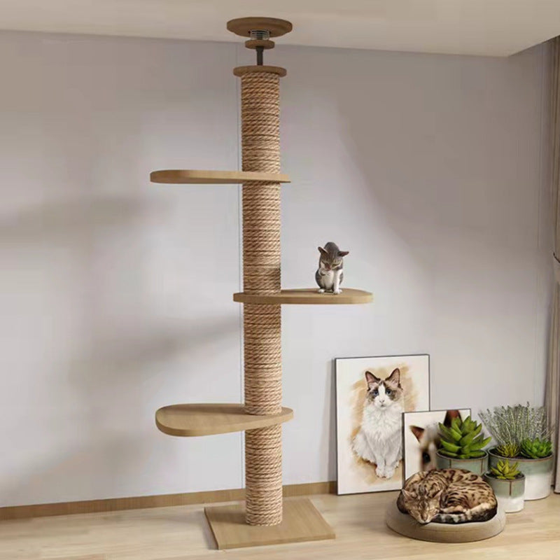 Solid wood column cat tree with sisal rope, ceiling-to-floor design, multiple platforms, and modern minimalist style.
