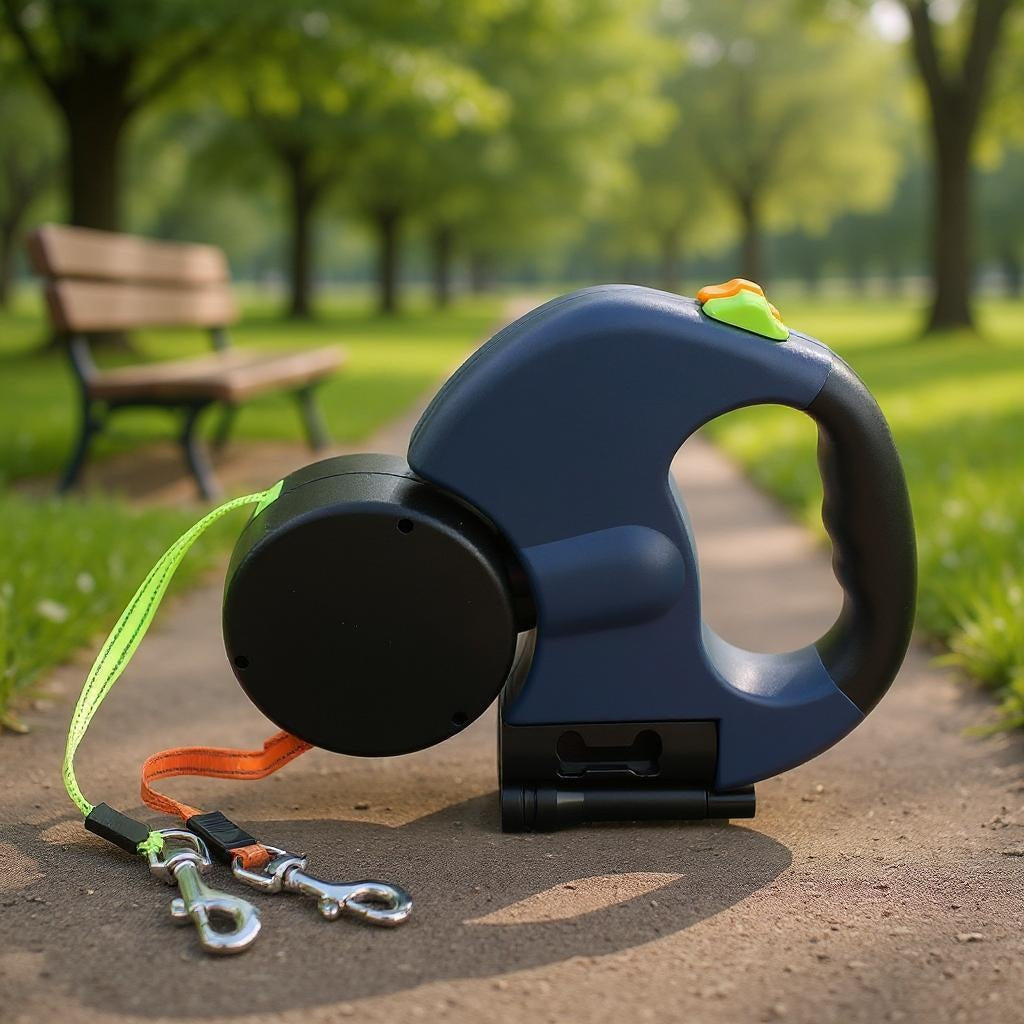 Dubbele hondenriem in gebruik met twee honden wandelen